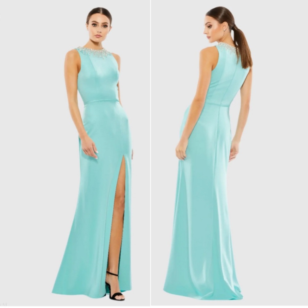 MAC DUGGAL Aqua Blue Sleeveless Rhinestone Collar Column Gown NWT $398 US 12